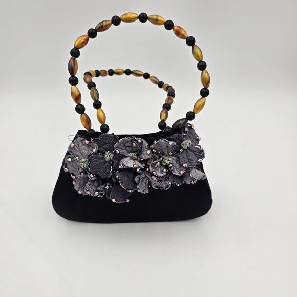 Beaded Handle Black Evening Bag With Floral Embellishments - Picture 1 of 8